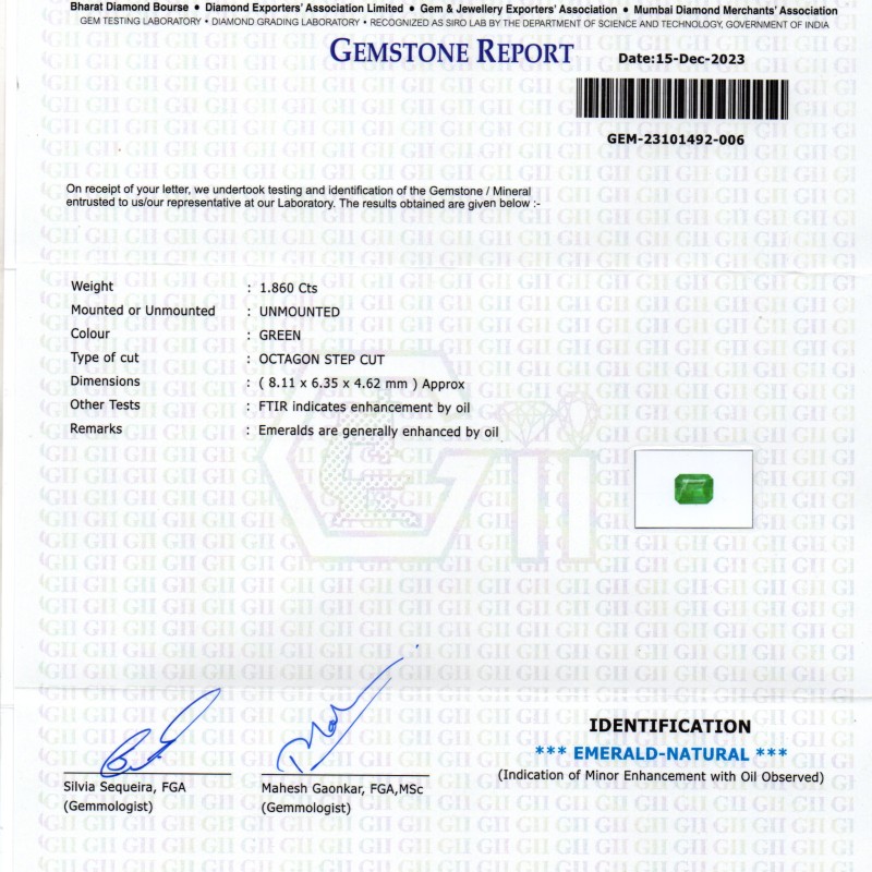 1.86 Ct GII Certified Untreated Natural Zambian Emerald Panna AAA