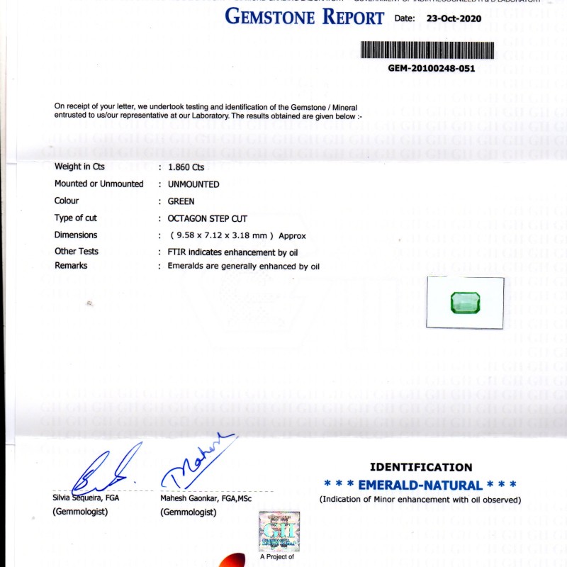 1.86 Ct GII Certified Untreated Natural Zambian Emerald Gems AAAAA 1.86 Ct GII Certified Untreated Natural Zambian Emerald Gems AAAAA