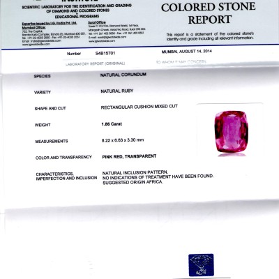 1.86 Ct IGI Certified Unheated Untreated Natural Madagaskar Ruby 1.86 Ct IGI Certified Unheated Untreated Natural Madagaskar Ruby