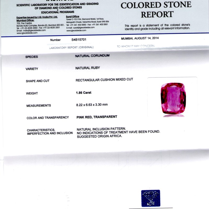 1.86 Ct IGI Certified Unheated Untreated Natural Madagaskar Ruby 1.86 Ct IGI Certified Unheated Untreated Natural Madagaskar Ruby