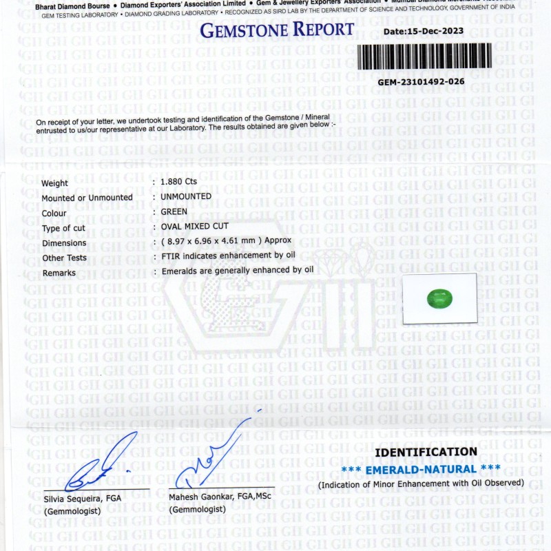 1.88 Ct GII Certified Untreated Natural Zambian Emerald Panna AAA