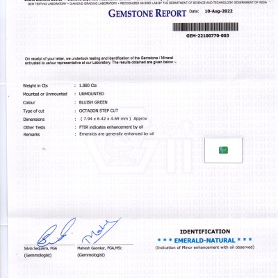 1.88 Ct Certified Untreated Natural Zambian Emerald Gemstone Panna 1.88 Ct Certified Untreated Natural Zambian Emerald Gemstone Panna