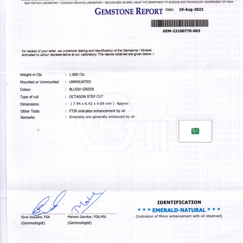 1.88 Ct Certified Untreated Natural Zambian Emerald Gemstone Panna 1.88 Ct Certified Untreated Natural Zambian Emerald Gemstone Panna