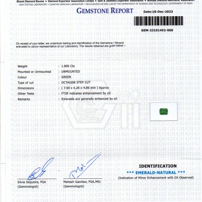 1.89 Ct GII Certified Untreated Natural Zambian Emerald Panna AAA