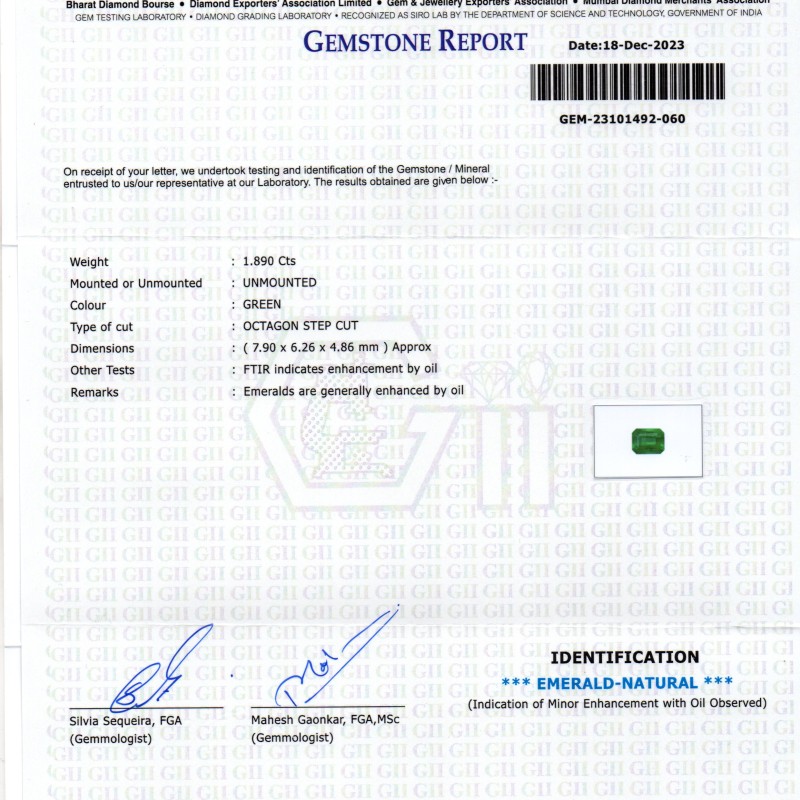 1.89 Ct GII Certified Untreated Natural Zambian Emerald Panna AAA