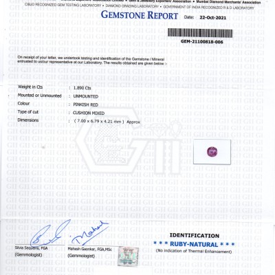 1.89 Ct GII Certified Unheated Untreted Natural Madagaskar Ruby Gems