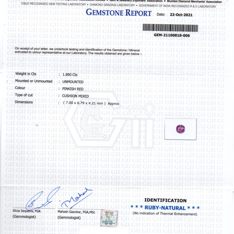 1.89 Ct GII Certified Unheated Untreted Natural Madagaskar Ruby Gems