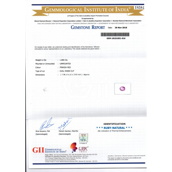 1.89 Ct GII Certified Unheated Untreated Natural Madagaskar Ruby AAA