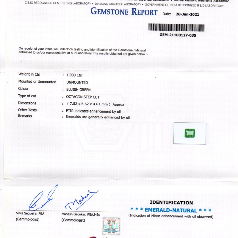 1.90 Ct GII Certified Untreated Natural Zambian Emerald Gemstone AAAAA