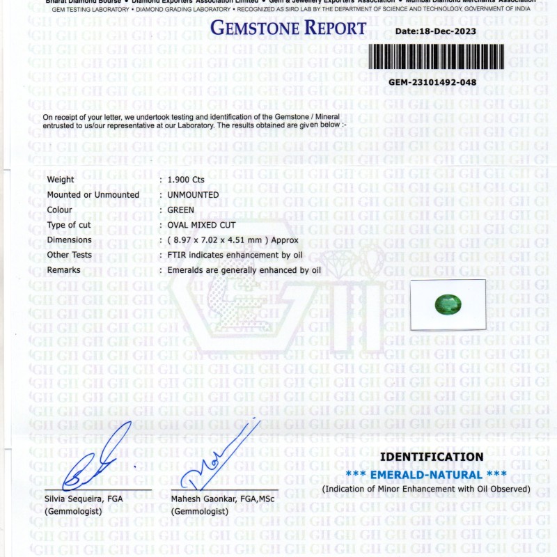 1.90 Ct GII Certified Untreated Natural Zambian Emerald Panna AAAA