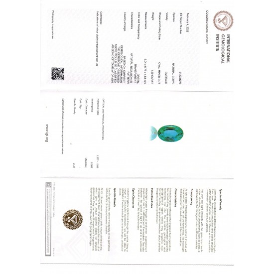 1.90 Ct IGI Certified Untreated Natural Zambian Emerald Gemstone AAA