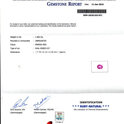 1.90 Ct GII Certified Unheated Untreated Natural Madagaskar Ruby