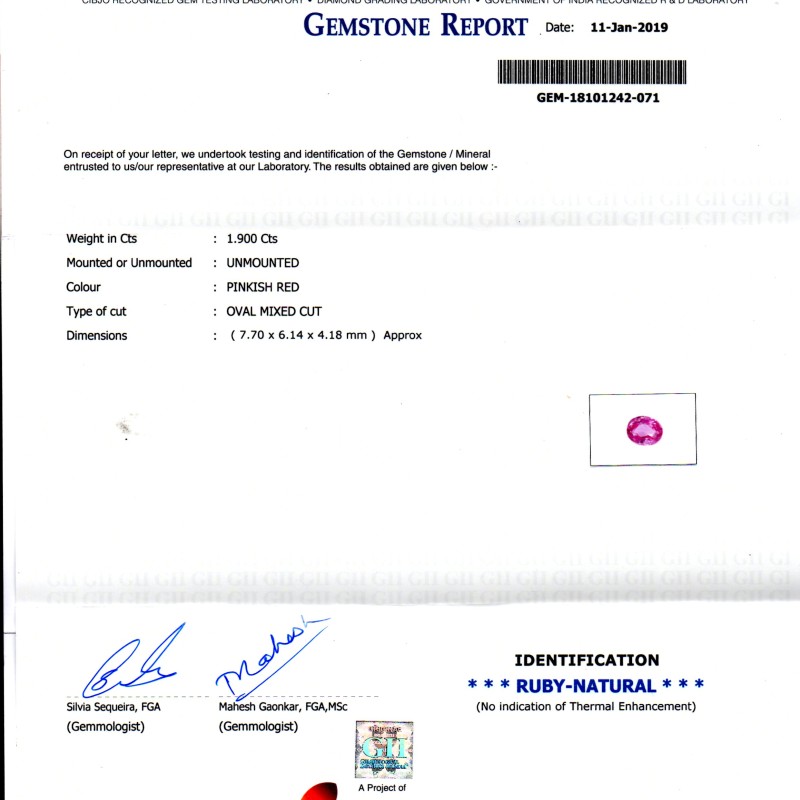 1.90 Ct GII Certified Unheated Untreated Natural Madagaskar Ruby