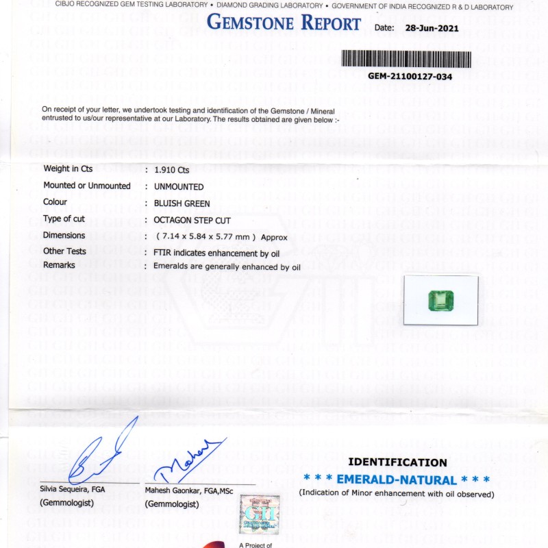 1.91 Ct GII Certified Untreated Natural Zambian Emerald Gemstone AAAAA