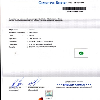 1.91 Ct GII Certified Untreated Natural Zambian Emerald Gemstone AAA 1.91 Ct GII Certified Untreated Natural Zambian Emerald Gemstone AAA
