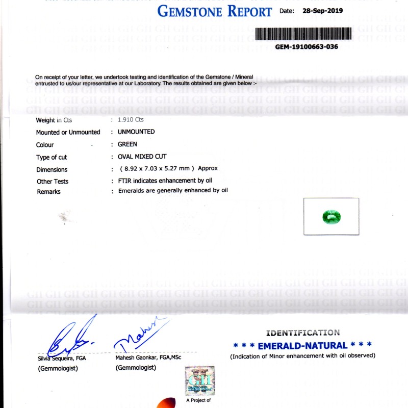 1.91 Ct GII Certified Untreated Natural Zambian Emerald Gemstone AAA 1.91 Ct GII Certified Untreated Natural Zambian Emerald Gemstone AAA