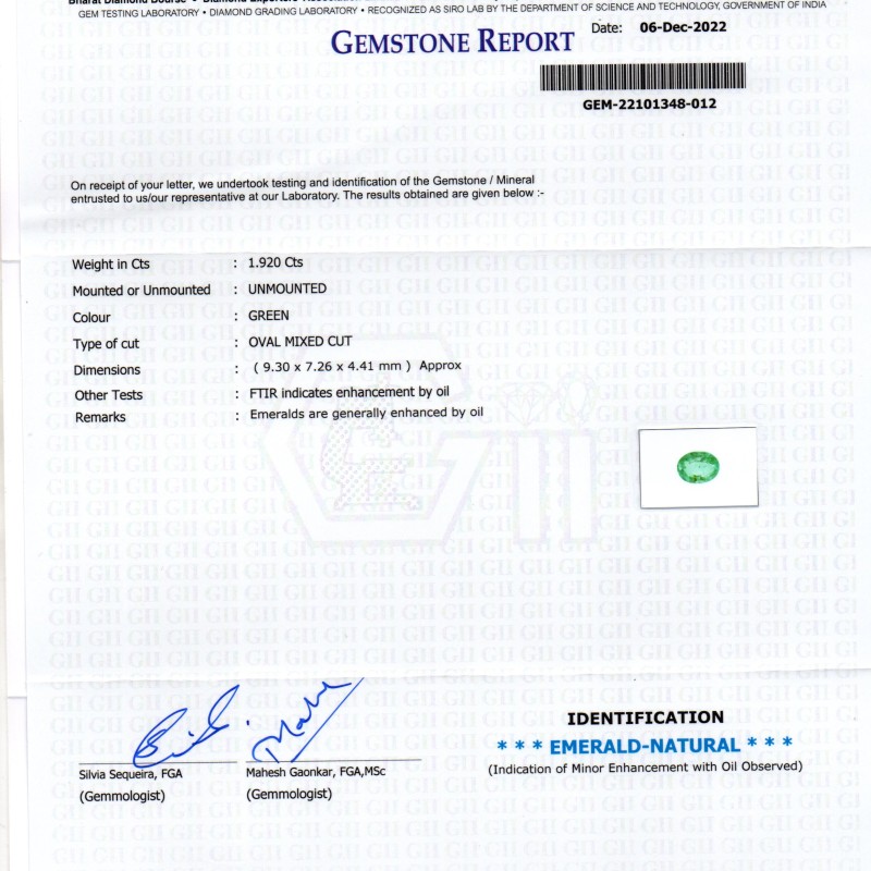 1.92 Ct GII Certified Untreated Natural Colombian Emerald Gemstone AAA