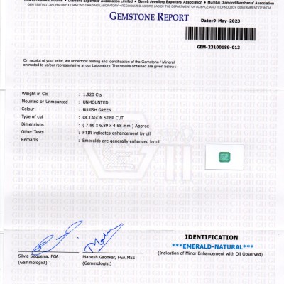 1.92 Ct GII Certified Untreated Natural Zambian Emerald Panna Gemstone