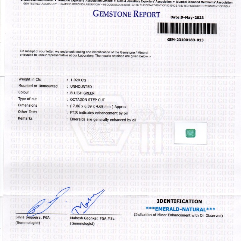 1.92 Ct GII Certified Untreated Natural Zambian Emerald Panna Gemstone