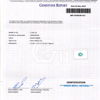 1.92 Ct GII Certified Untreated Natural Zambian Emerald Gemstone Panna 1.92 Ct GII Certified Untreated Natural Zambian Emerald Gemstone Panna