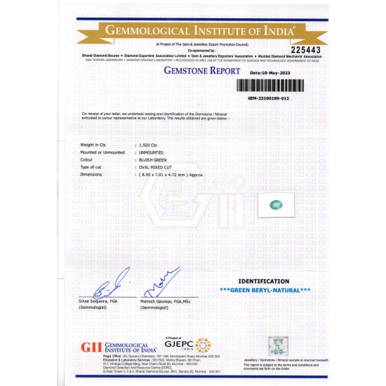 1.92 Ct GII Certified Untreated Natural Zambian Emerald Gemstone Panna