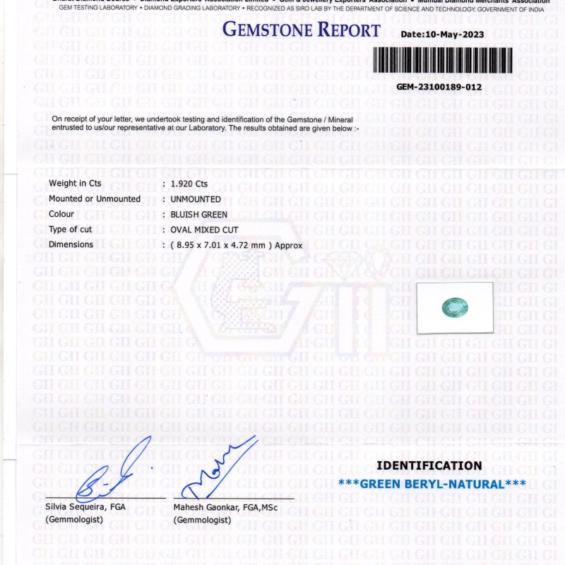 1.92 Ct GII Certified Untreated Natural Zambian Emerald Gemstone Panna 1.92 Ct GII Certified Untreated Natural Zambian Emerald Gemstone Panna