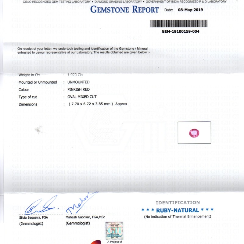 1.92 Ct GII Certified Unheated Untreated Natural Madagaskar Ruby AAAA