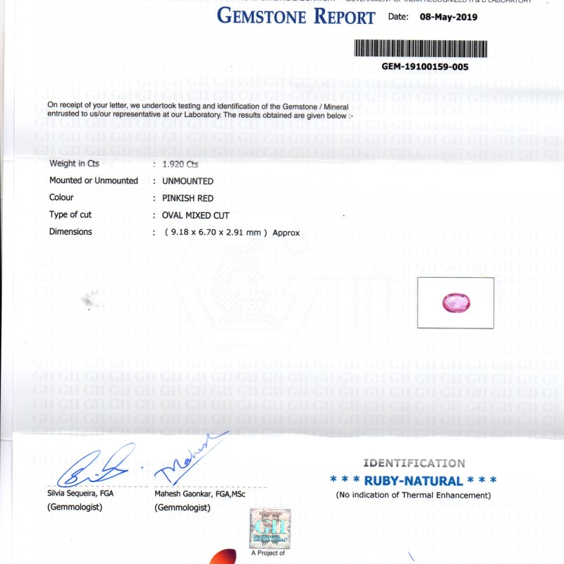 1.92 Ct GII Certified Unheated Untreated Natural Madagaskar Ruby AAA 1.92 Ct GII Certified Unheated Untreated Natural Madagaskar Ruby AAA
