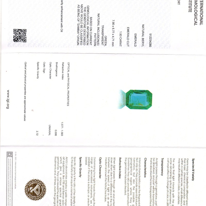 1.93 Ct IGI Certified Untreated Natural Zambian Emerald Gemstone AAA 1.93 Ct IGI Certified Untreated Natural Zambian Emerald Gemstone AAA