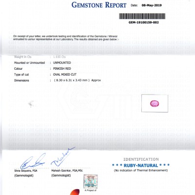 1.93 Ct GII Certified Unheated Untreated Natural Madagaskar Ruby AAAA