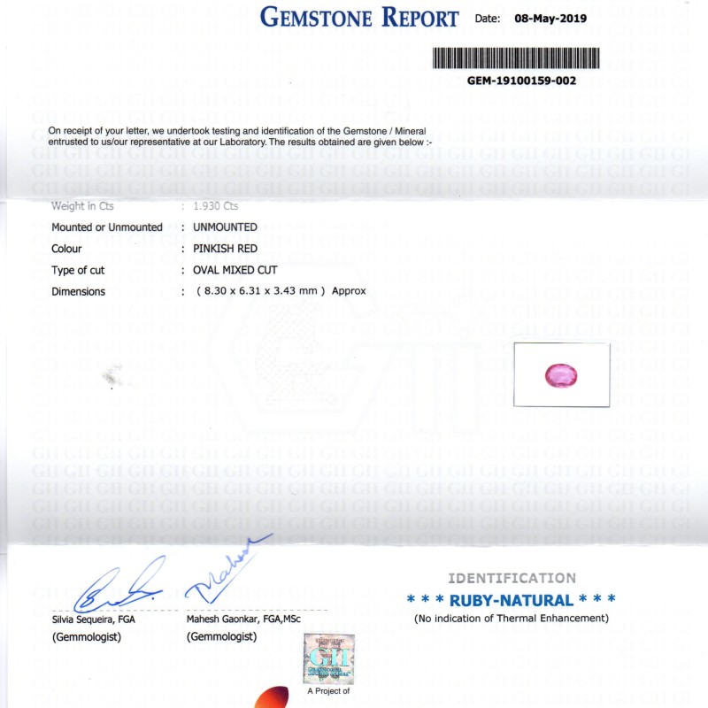 1.93 Ct GII Certified Unheated Untreated Natural Madagaskar Ruby AAAA