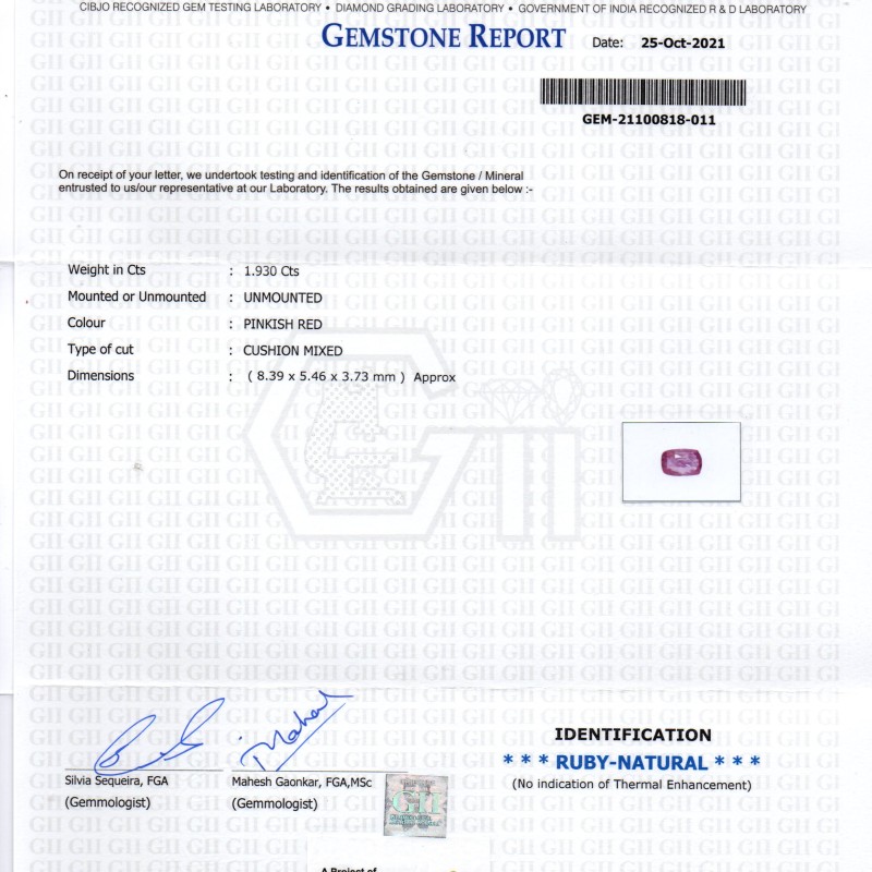 1.93 Ct GII Certified Unheated Untreted Natural Madagaskar Ruby Gems