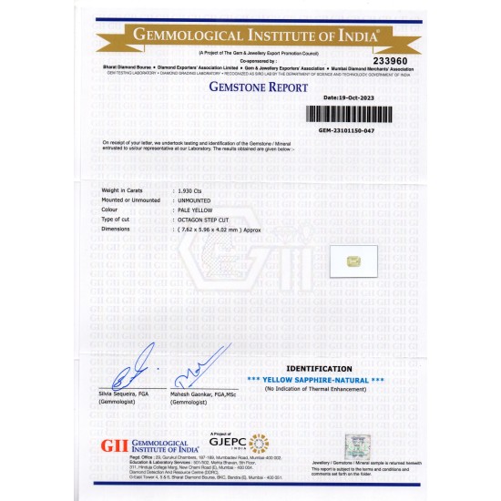 1.93 Ct Certified Unheated Untreated Natural Ceylon Yellow Sapphire
