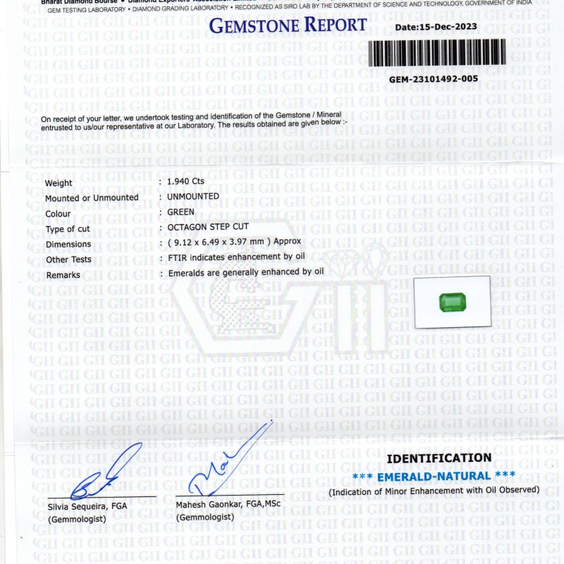 1.94 Ct GII Certified Untreated Natural Zambian Emerald Panna AAAA 1.94 Ct GII Certified Untreated Natural Zambian Emerald Panna AAAA