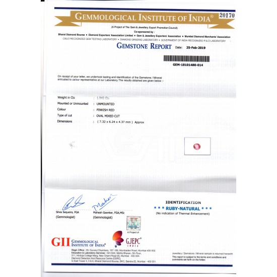 1.94 Ct GII Certified Unheated Untreated Natural Madagaskar Ruby AA++