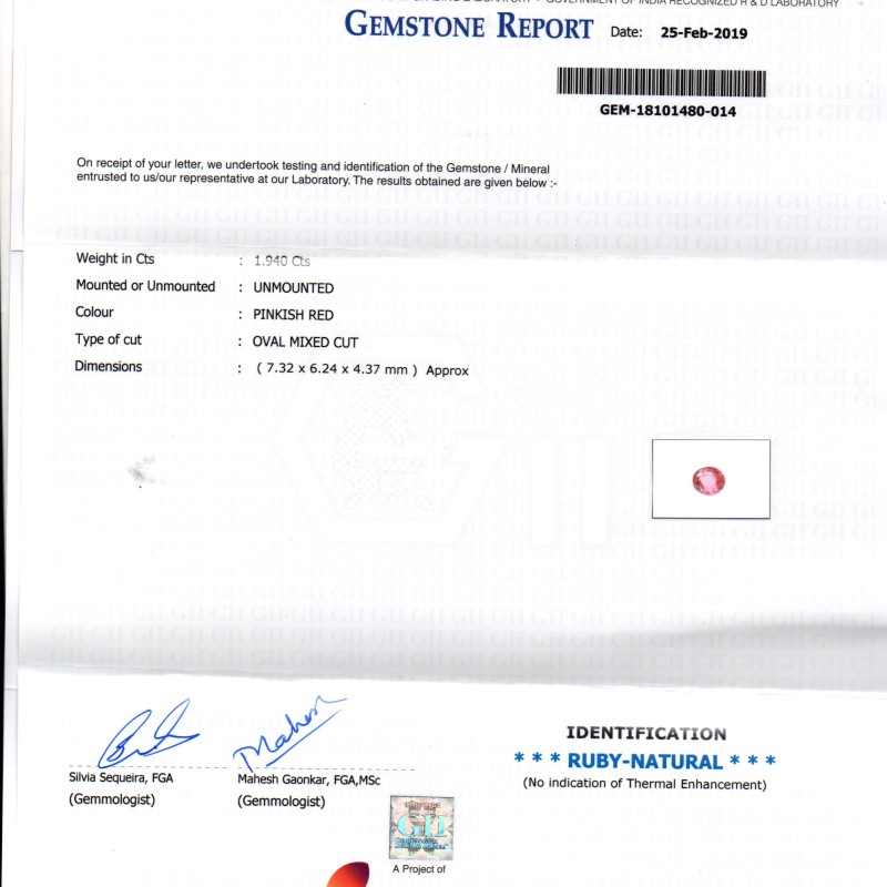 1.94 Ct GII Certified Unheated Untreated Natural Madagaskar Ruby AA++