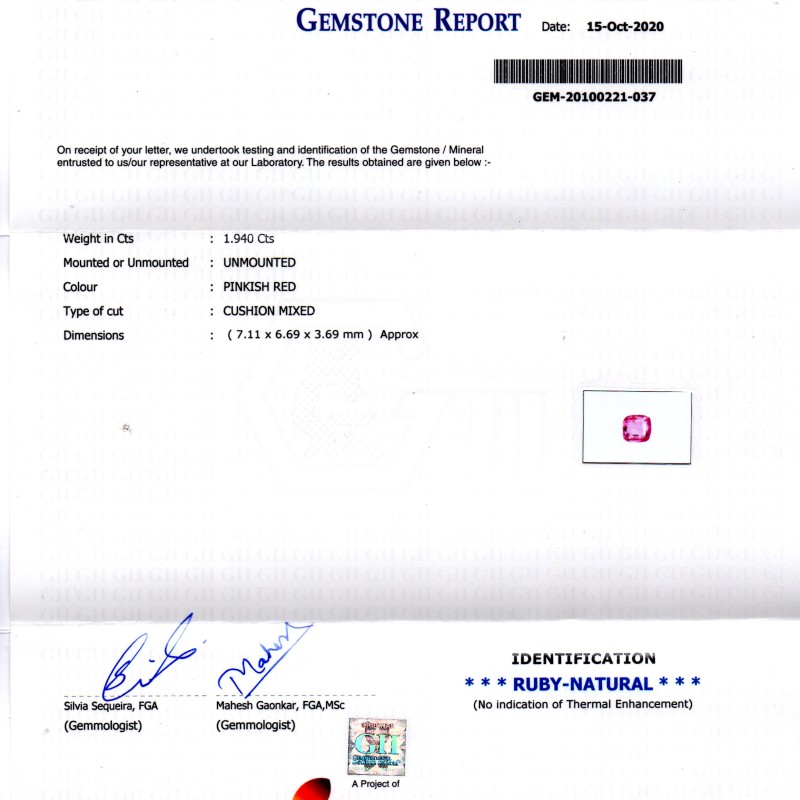 1.94 Ct GII Certified Unheated Untreted Natural Madagaskar Ruby Gems