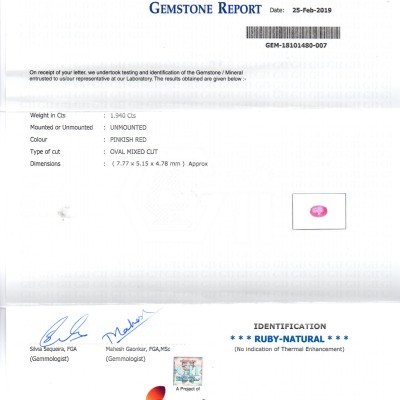 1.94 Ct GII Certified Unheated Untreated Natural Madagaskar Ruby AAA 1.94 Ct GII Certified Unheated Untreated Natural Madagaskar Ruby AAA