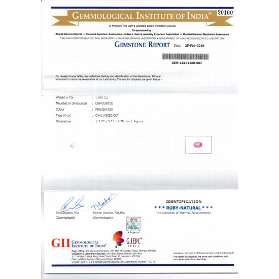 1.94 Ct GII Certified Unheated Untreated Natural Madagaskar Ruby AAA