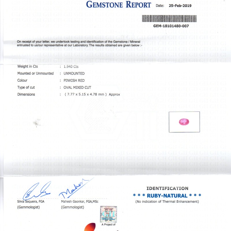 1.94 Ct GII Certified Unheated Untreated Natural Madagaskar Ruby AAA 1.94 Ct GII Certified Unheated Untreated Natural Madagaskar Ruby AAA