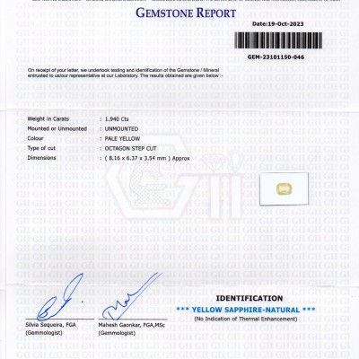 1.94 Ct Certified Unheated Untreated Natural Ceylon Yellow Sapphire