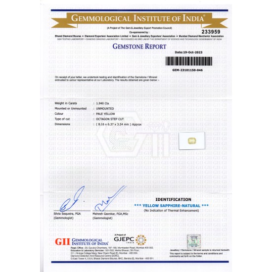 1.94 Ct Certified Unheated Untreated Natural Ceylon Yellow Sapphire