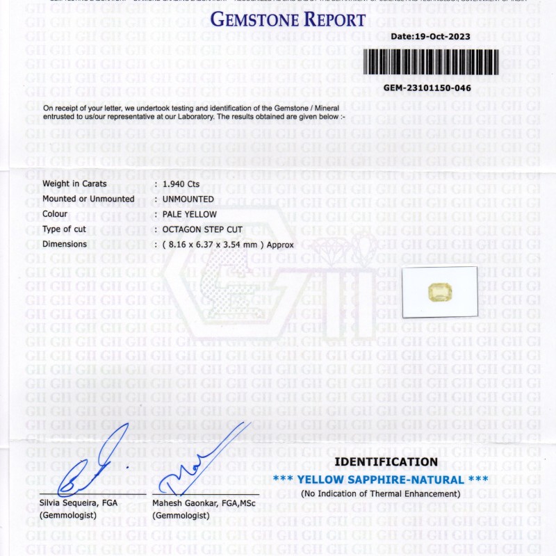 1.94 Ct Certified Unheated Untreated Natural Ceylon Yellow Sapphire 1.94 Ct Certified Unheated Untreated Natural Ceylon Yellow Sapphire