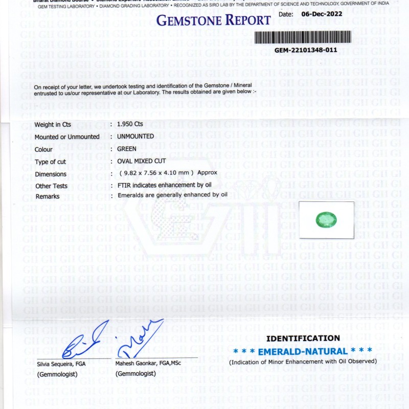 1.95 Ct GII Certified Untreated Natural Colombian Emerald Gemstone AAA