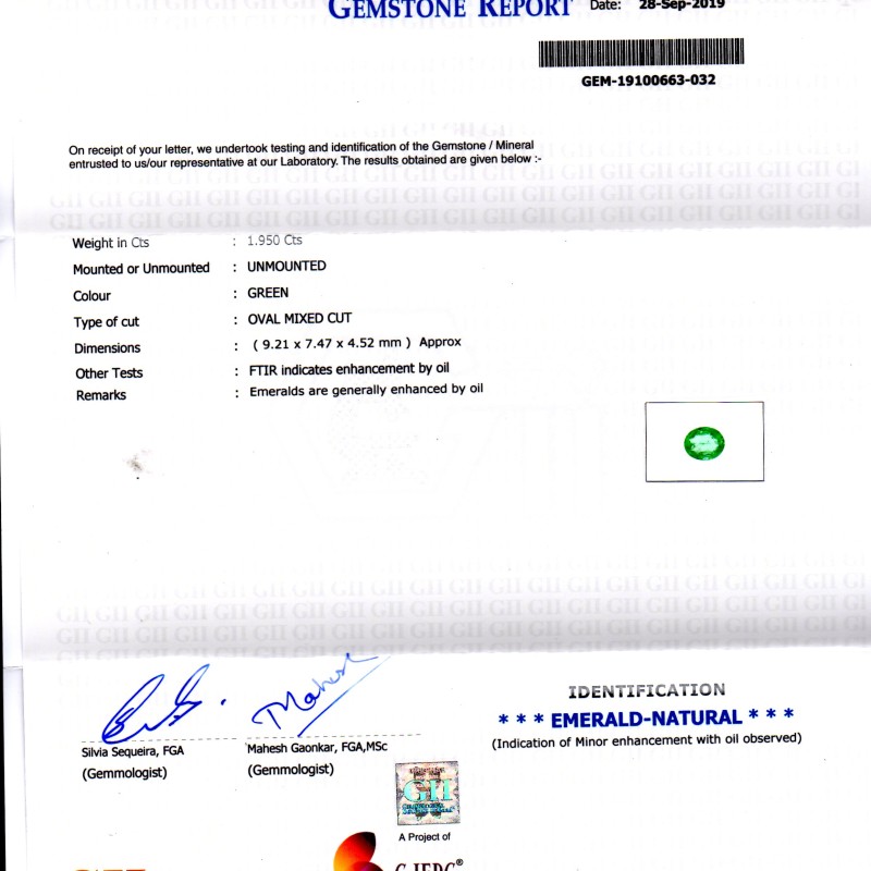 1.95 Ct GII Certified Untreated Natural Zambian Emerald Gemstone AAA 1.95 Ct GII Certified Untreated Natural Zambian Emerald Gemstone AAA