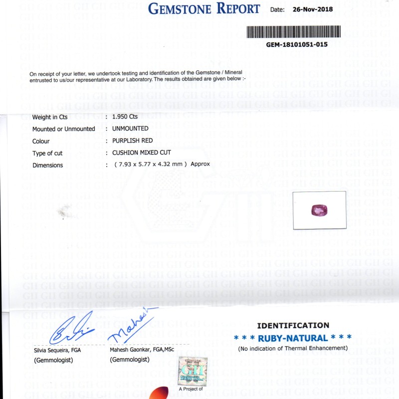 1.95 Ct GII Certified Unheated Untreated Natural Madagaskar Ruby AAA