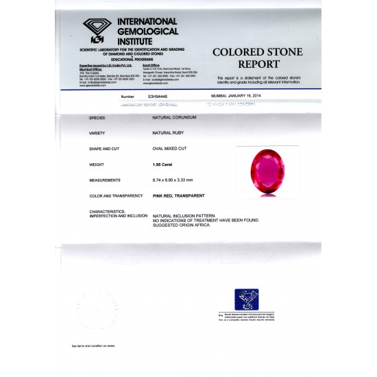 1.95 Ct IGI Certified Unheated Untreated Natural Madagaskar Pinkish Ruby