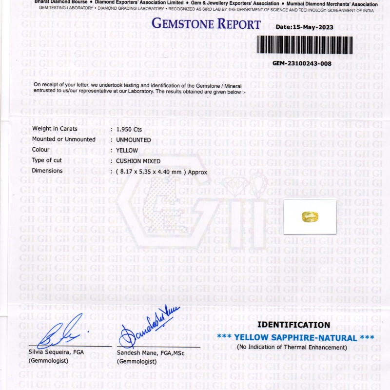 1.95 Ct GII Certified Unheated Untreated Natural Ceylon Yellow Sapphire