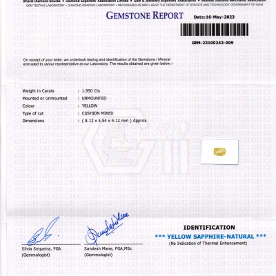 1.95 Ct GII Certified Unheated Untreated Natural Ceylon Yellow Sapphire