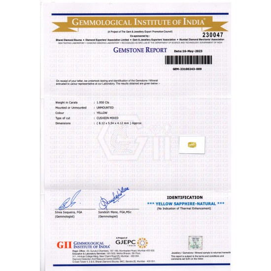1.95 Ct GII Certified Unheated Untreated Natural Ceylon Yellow Sapphire